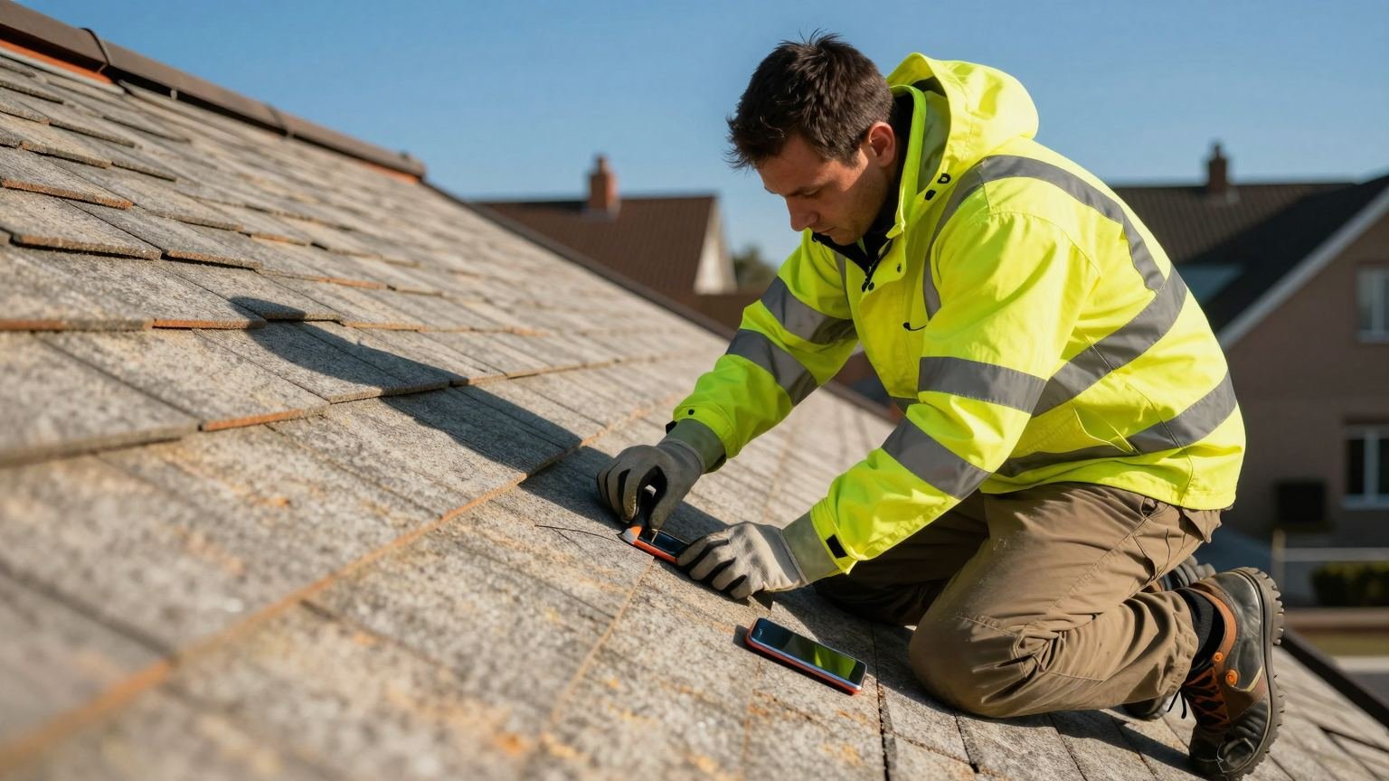 Roofer working while his phone rings on the shingles